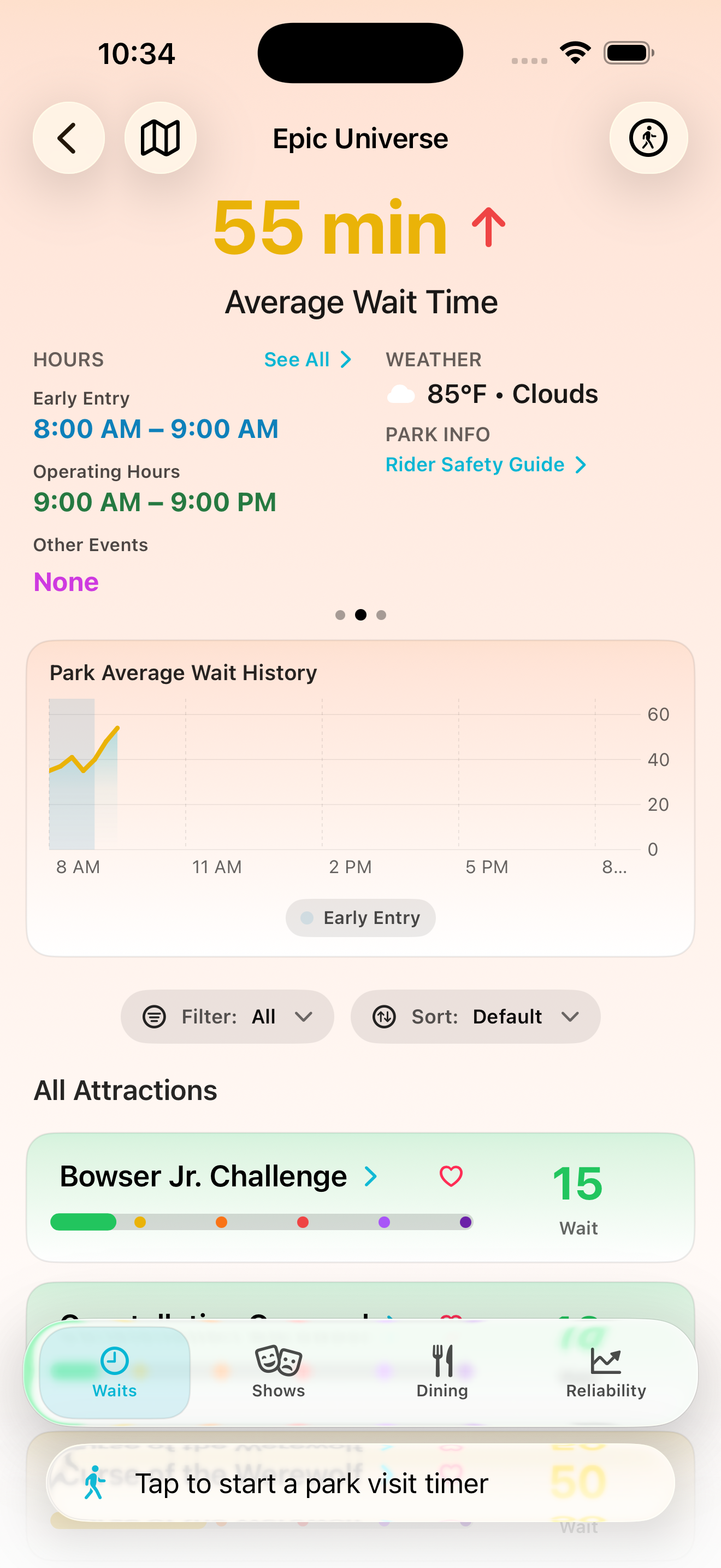 ParkScope park page with attraction list and park details