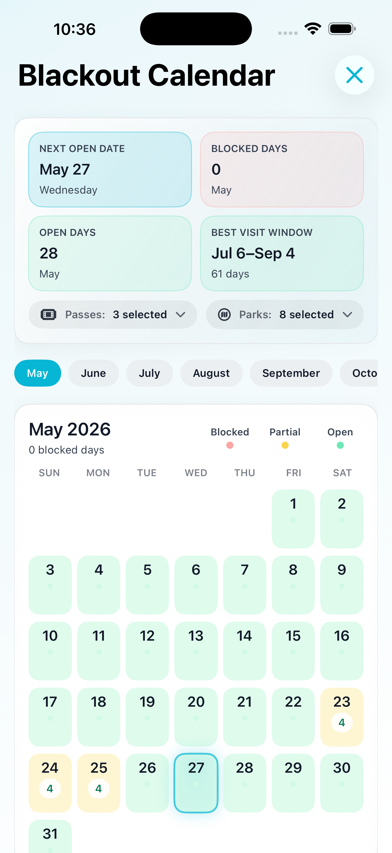 ParkScope showing annual pass combined blackout calander